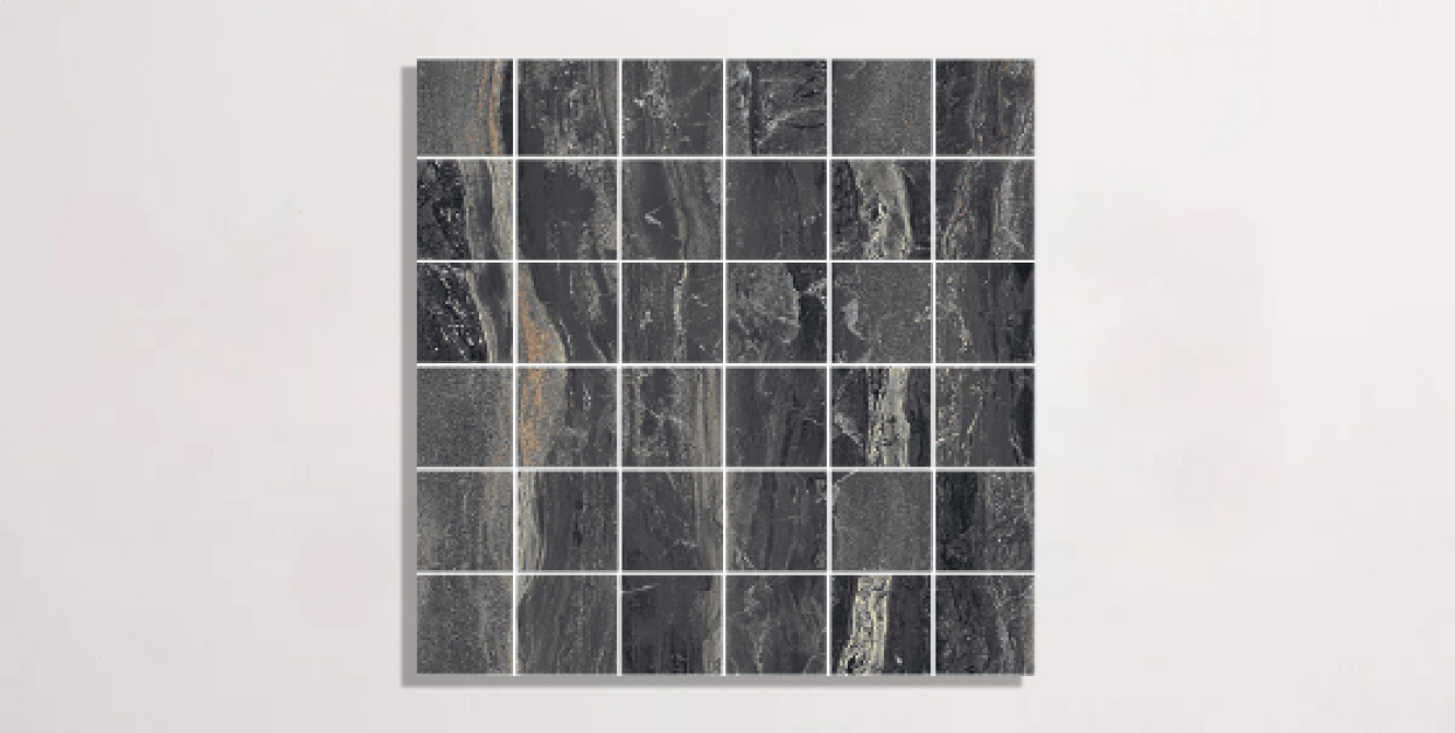 Nasco Stone + Tile Bryant Park Nero 2" x 2" mosaic porcelain tile.
