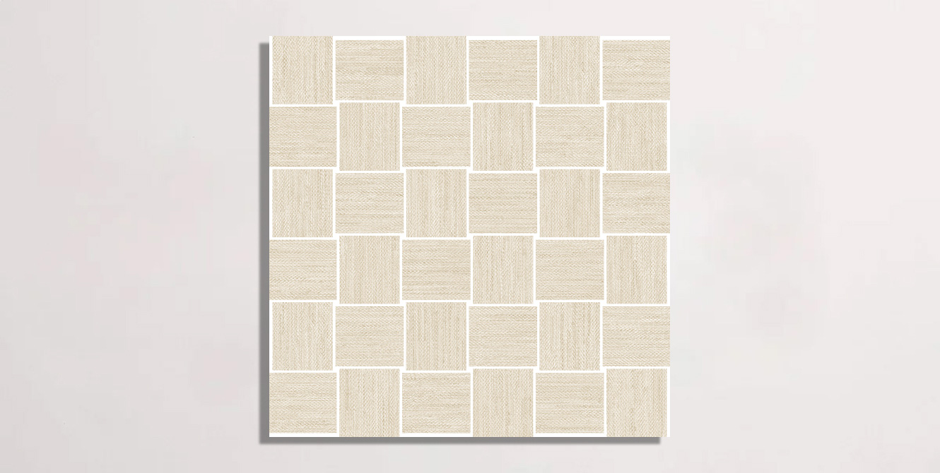 Nasco Stone + Tile Crave Ivory Basketweave Mosaic porcelain tile.