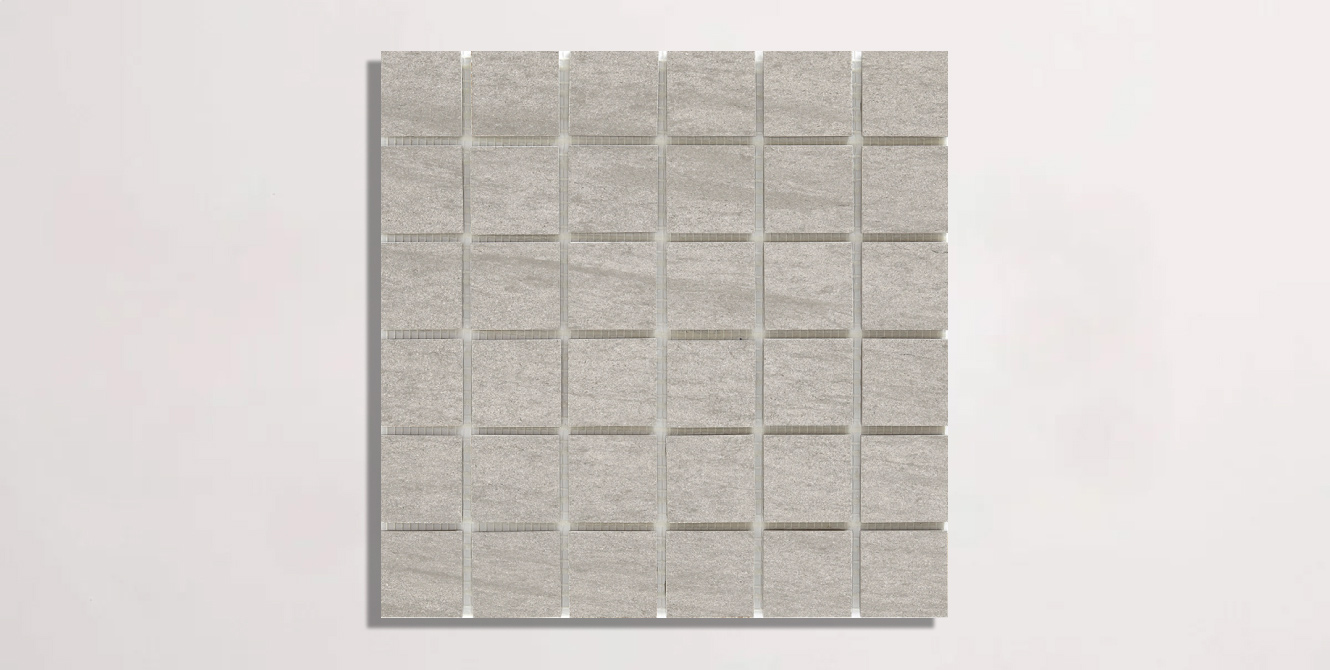 Nasco Stone + Tile Basaltico Grey 2" x 2" porcelain mosaic tile.