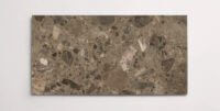 A single brown terrazzo marble tile with various sized aggregates throughout in different shades of brown