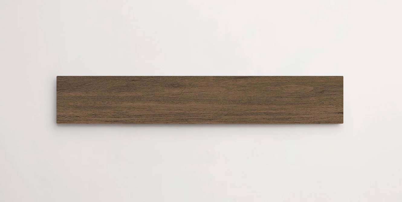 Nasco Stone + Tile Junie Scuro 8" x 48" wood-look porcelain tile.